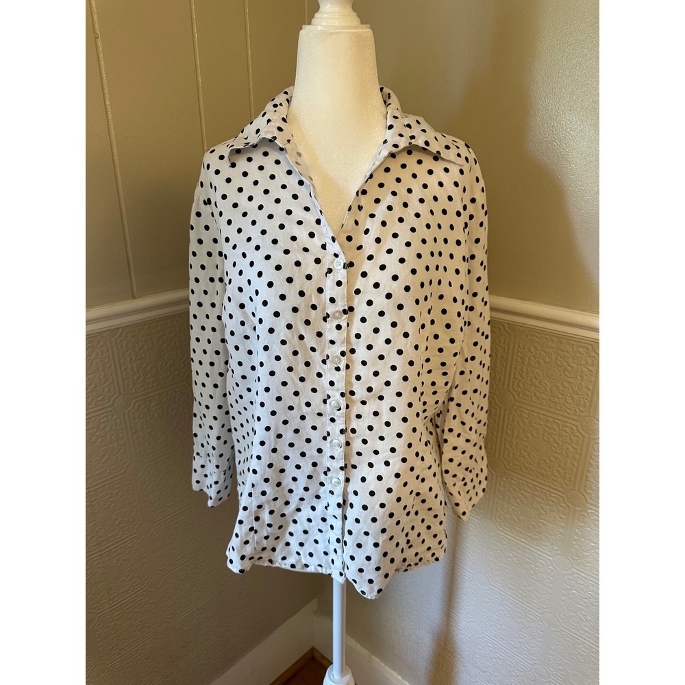 Saint Tropez West Womens White Black Polka Dot 100% Linen Button Down Shirt M